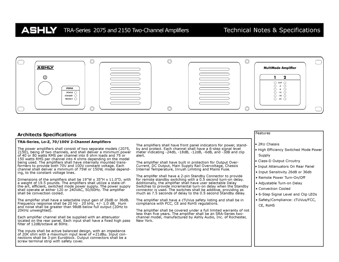 Ashly TRA-2075, TRA-2150 specifications Technical Notes & Specifications, Architects Specifications 